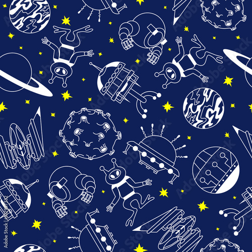 Seamless pattern with aliens, Moon, Saturn, Venus and space ship