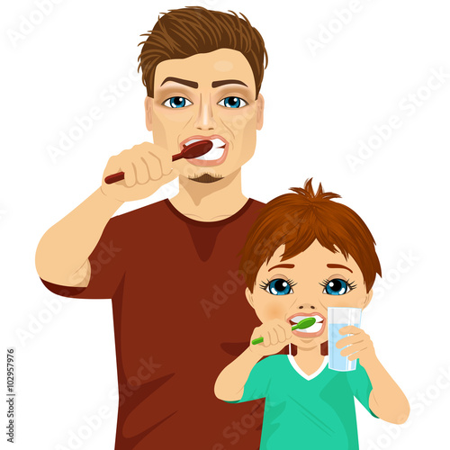 father and son brushing teeth