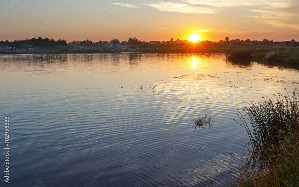 Sunset lake view.