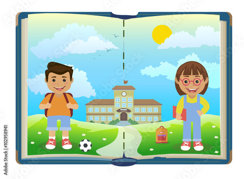 Book with school and two children