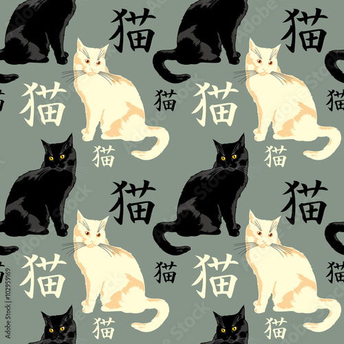 Black cat with japanese characters meaning "cat" on a background