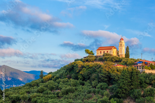 Zakynthos island with church on the top of hill in Greece