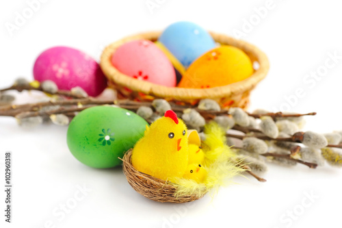 Nest with a hen and chickens with easter eggs and branches of willow on white background