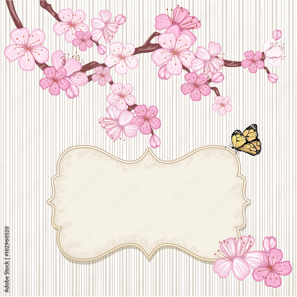 Cherry blossom,  branch with pink flowers.