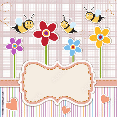 Baby shower invitation. Cute baby invitation with bees and flowers