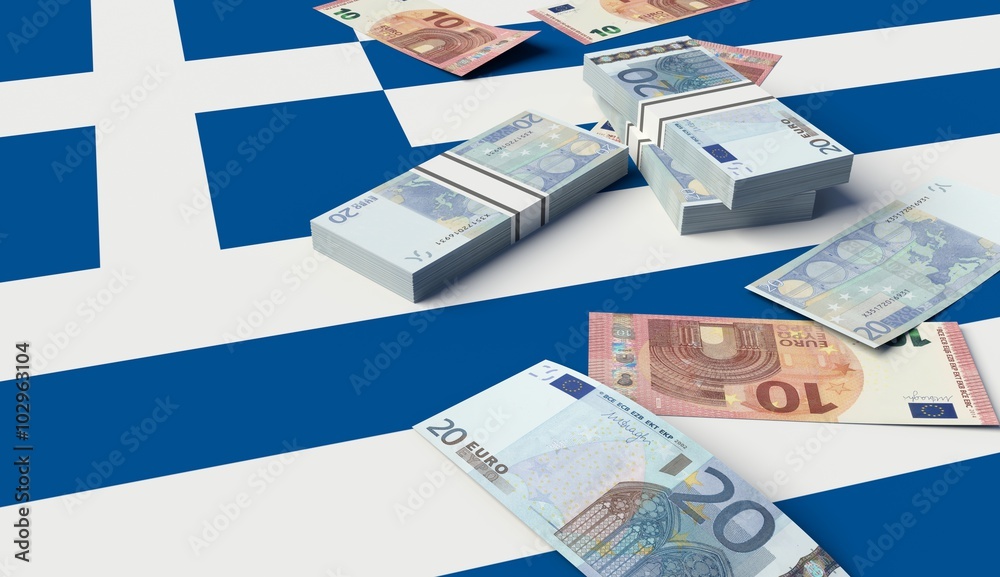 Obraz premium Stack of money on a Greek Flag. 3D illustration