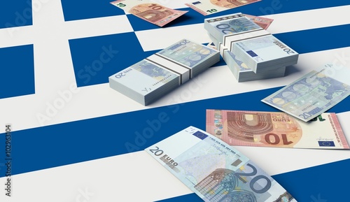 Stack of money on a Greek Flag. 3D illustration