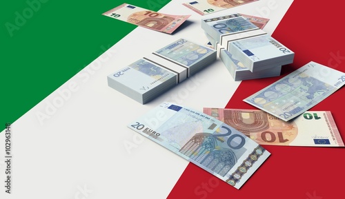 Stack of money on a Italian Flag. 3D illustration