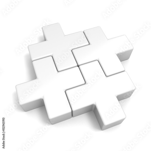 White abstract plus jigsaw puzzle pieces. 3D render illustration isolated on white background