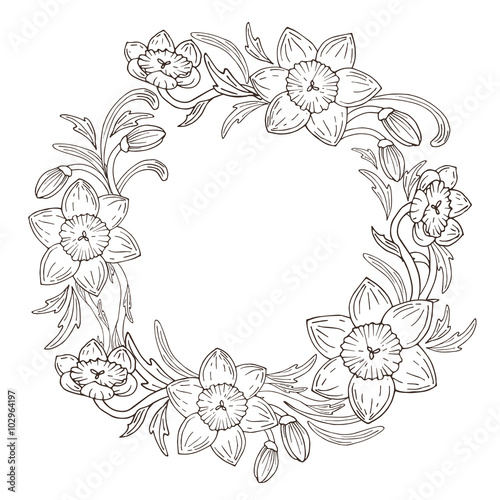 Vector daffodil flowers frame wreaf illustration  victorian style design