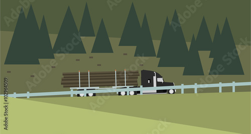 Logging Truck Over Forest Background. Vector illustration