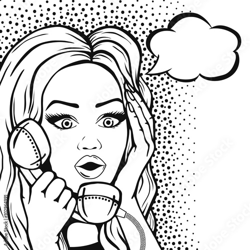 Vector pop art shocked woman talking on phone with speech bubble outlined. Graphic sketch shocked gossip woman, telephone call in comic style.