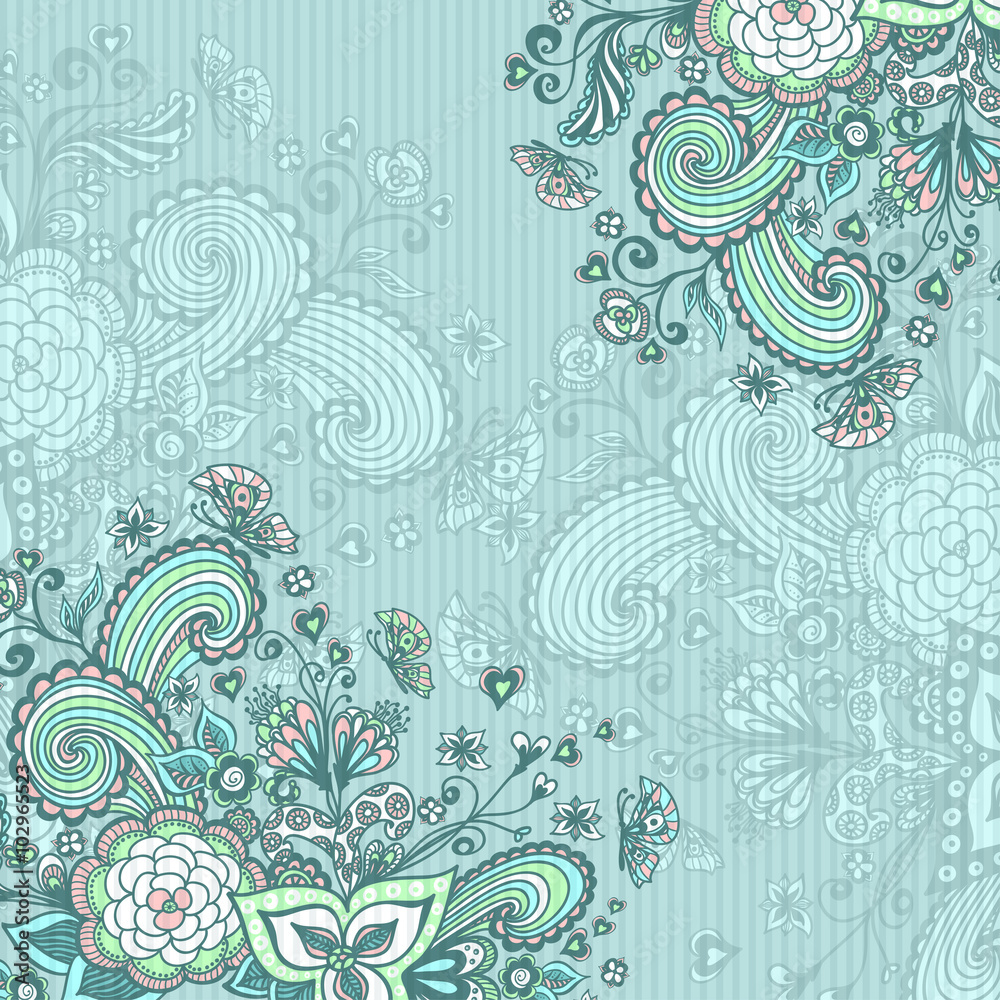 Fototapeta premium Vintage background with doodle flowers on blue