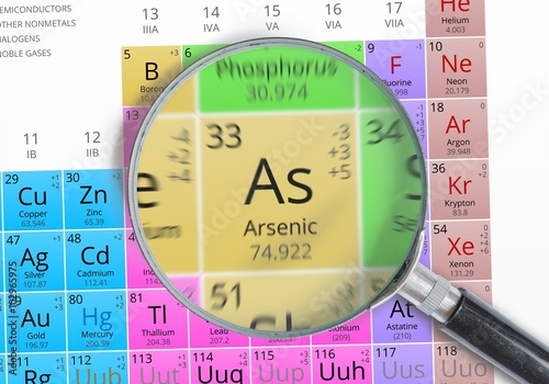 Arsenic - Element of Mendeleev Periodic table magnified with magnifying glass