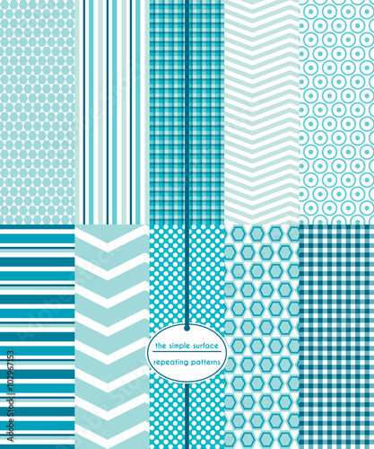 Turquoise, teal, blue green seamless patterns. Repeating patterns for backgrounds, fabric, gift wrap, scrapbooking and more. Honeycomb, abstract, stripe, gingham, plaid and chevron prints.