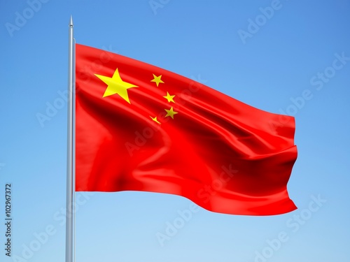China 3d flag floating in the wind with a blue sky background 