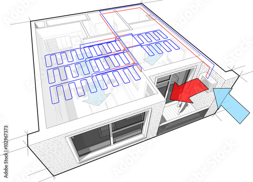Perspective cutaway diagram of a one bedroom apartment completely furnished with ceiling cooling and external unit situtead on the balcony or loggia