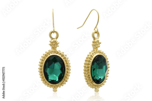 Trendy Oval Emerald Gemstone Earrings in an Ornate Yellow Gold Setting