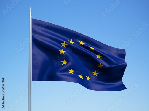 European Union 3d flag floating in the wind with a blue sky background 