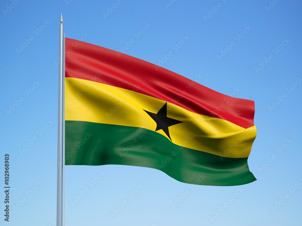 Ghana 3d flag floating in the wind with a blue sky background Ghana 3d flag floating in the wind with a blue sky background