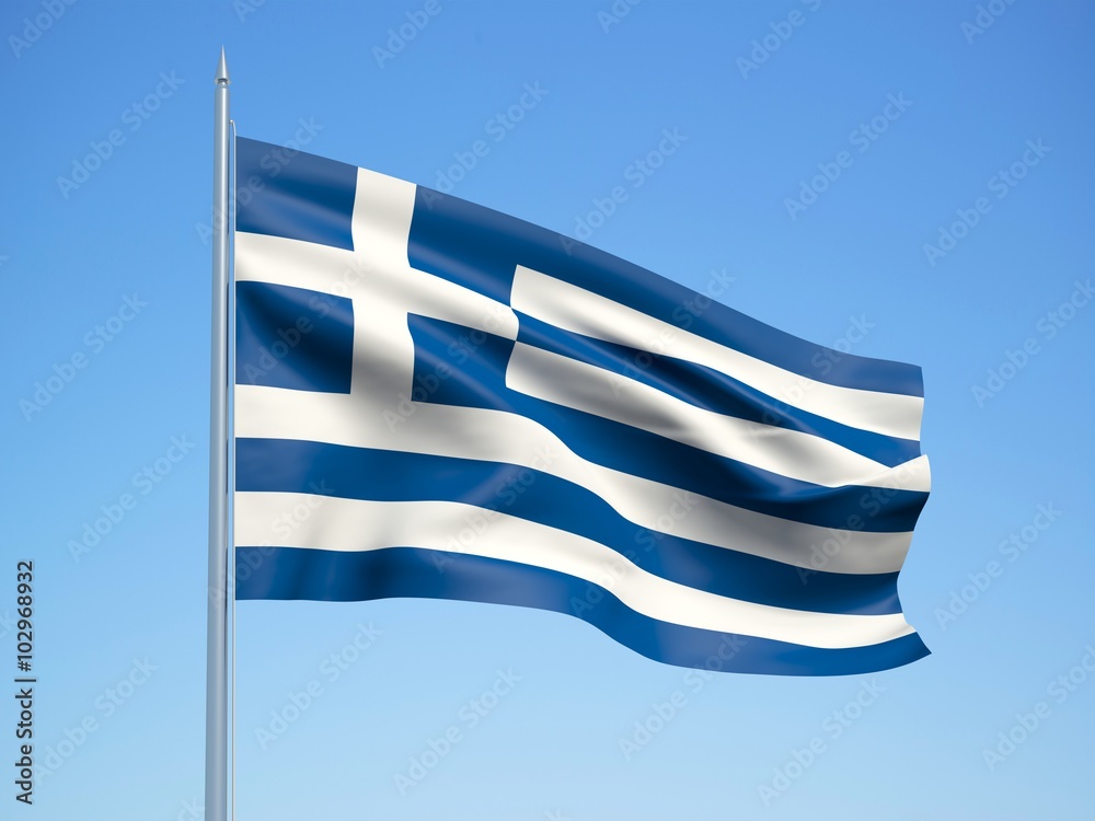 Obraz premium Greece 3d flag floating in the wind with a blue sky background 