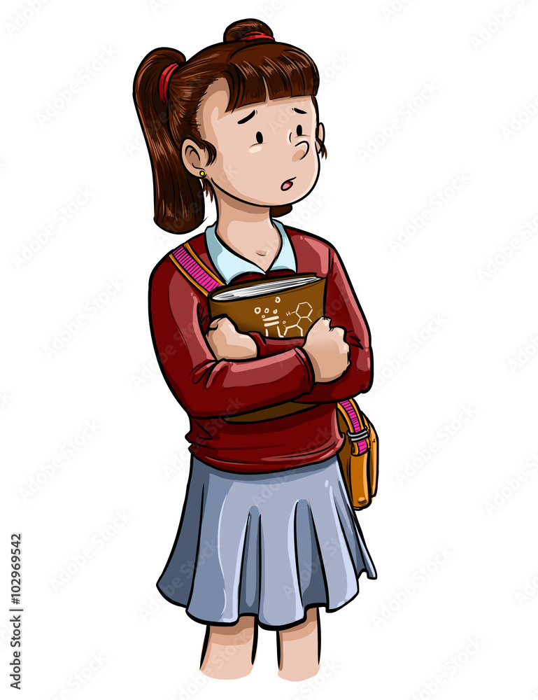 ilustracion de nina con uniforme escolar sosteniendo sus libros entre brazos Stock Adobe Stock