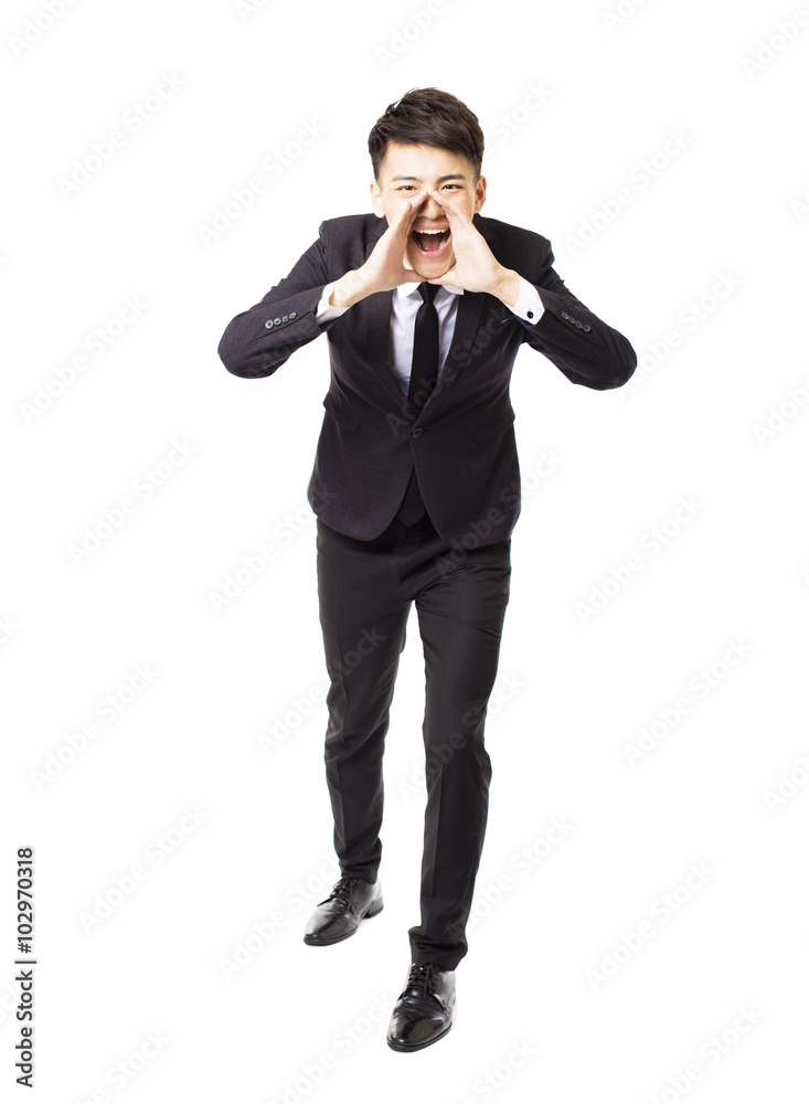 young business man shouting and isolated on white