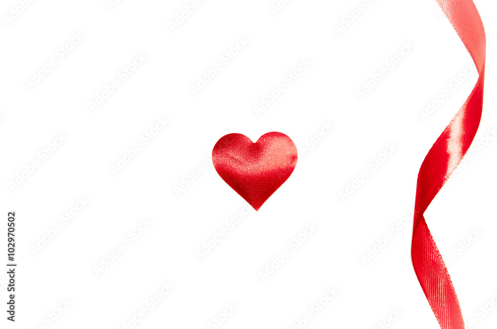 red heart on a white background, red ribbon