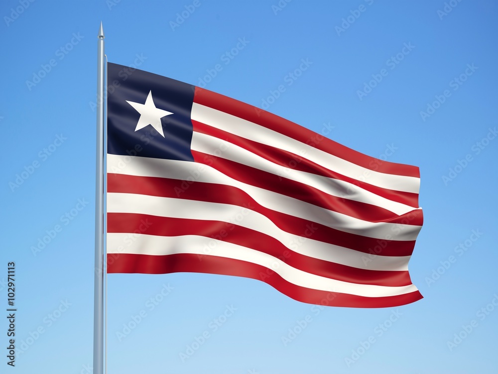 Liberia 3d flag floating in the wind with a blue sky background 