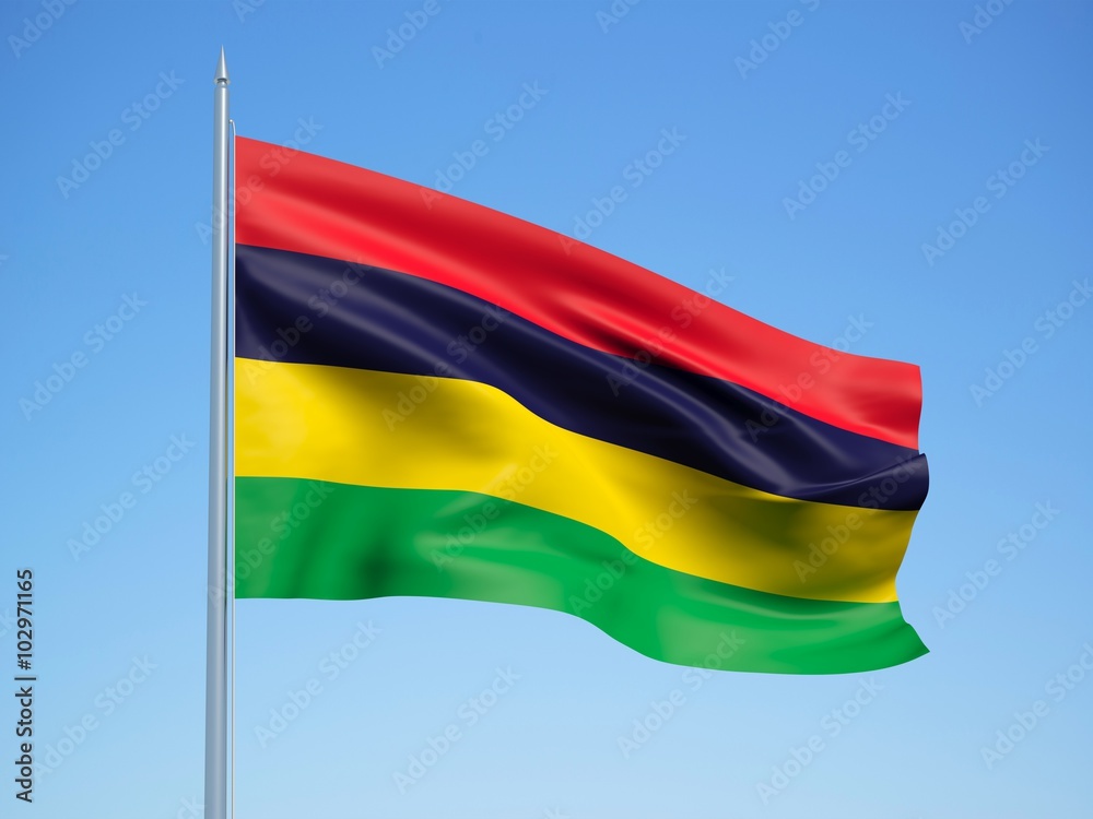 Mauritius 3d flag floating in the wind with a blue sky background Mauritius 3d flag floating in the wind with a blue sky background