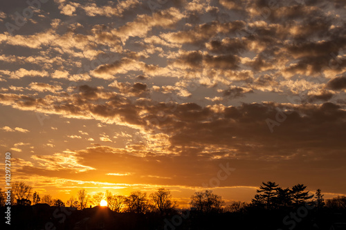 Orange Cloudy Sunset Over Trees and Houses