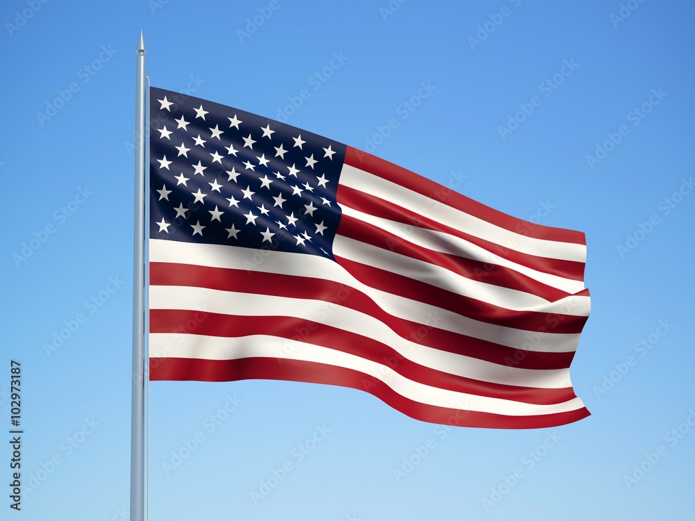 United States 3d flag floating in the wind with a blue sky background United States 3d flag floating in the wind with a blue sky background