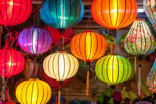 Paper lanterns on the streets of old Asian town