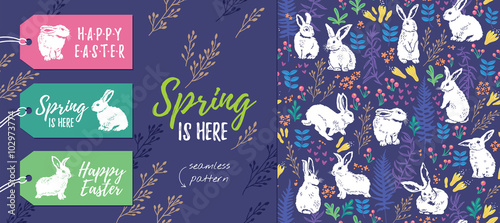 Spring is here. Set of Easter tags and seamless pattern