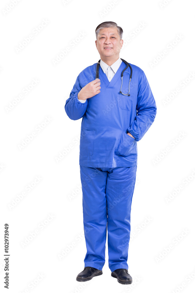 isolated old asian man doctor in blue uniform isolated old asian man doctor in blue uniform