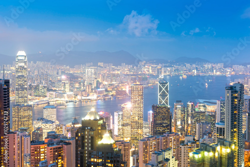 Panorama of Hong Kong skyline at night from Victoria Peak © gjp311