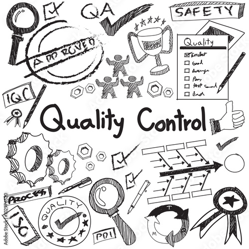 Quality control in manufacturing industry operation doodle sketch tools sign and symbol in white isolated background paper for engineering management presentation or introduction with text (vector)