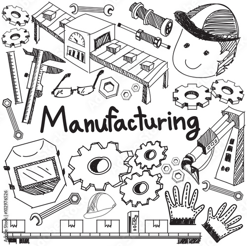 Manufacturing and operation system in factory assembly line handwriting doodle sketch design tools sign and symbol in isolated background paper for education presentation introduction (vector) 