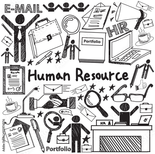 Human resource management in organization handwriting doodle icon sketch sign and symbol in white isolated background paper used for business education presentation title with header text (vector)