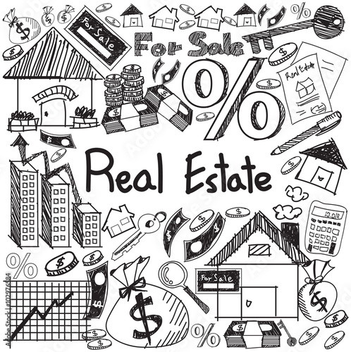 Real estate business industry and investment handwriting doodle sign and symbol in white isolated background paper used for education subject presentation or introduction with text  create by vector 