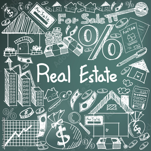 Real estate business industry and investment chalk handwriting doodle sign and symbol in black board background used for education subject presentation or introduction with sample text (vector)