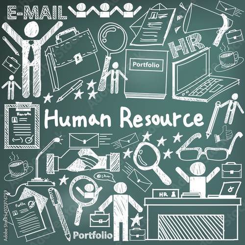 Human resource management in organization handwriting doodle icon sketch sign and symbol in blackboard background used for business education presentation title with header text, create by vector