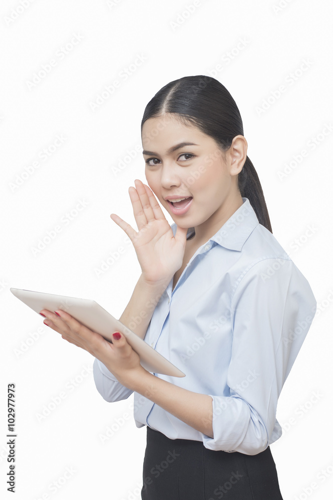 business woman lean something and use digital tablet pc isolated business woman lean something and use digital tablet pc isolated