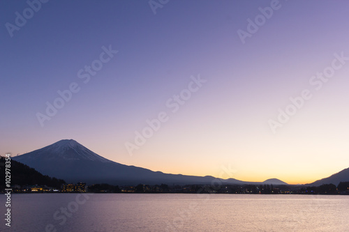 Sunset of Mt fuji and the city around kawaguchi lake, japan