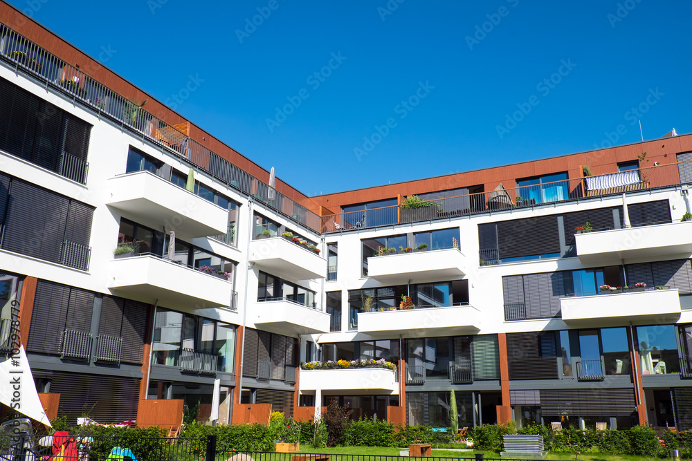 Modern apartments with garden seen in Berlin, Germany