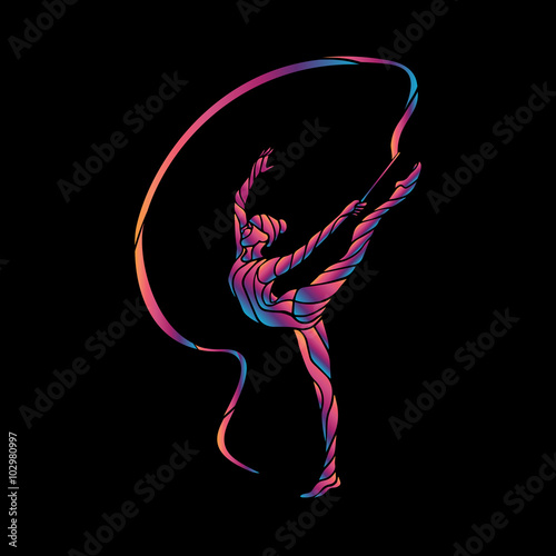Creative silhouette of gymnastic girl. Art gymnastics with ribbon