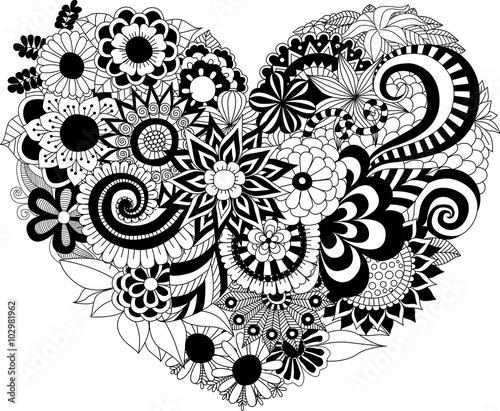 Fototapeta Naklejka Na Ścianę i Meble -  Flowers in the heart shape pattern for coloring book