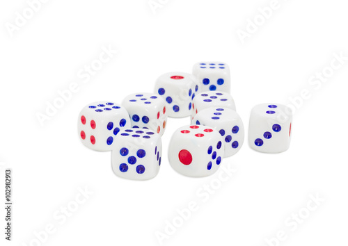 Standard plastic six-sided dice with rounded corners