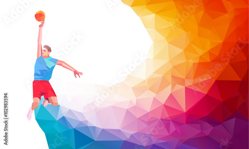 Polygonal geometric style illustration of a basketball player jump shot jumper shooting jumping viewed from the side set on colorful low poly background.