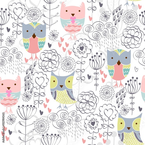 Fototapeta Naklejka Na Ścianę i Meble -  Cute floral seamless pattern with owl and flowers